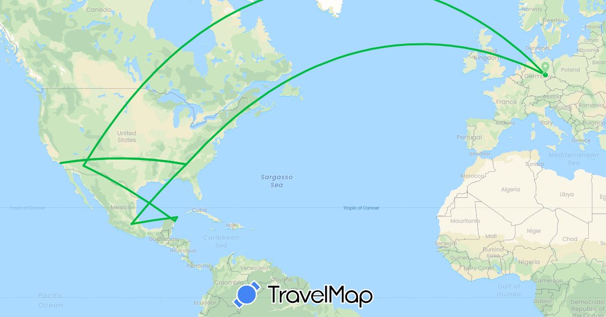TravelMap itinerary: driving, bus in Germany, Mexico, United States (Europe, North America)
